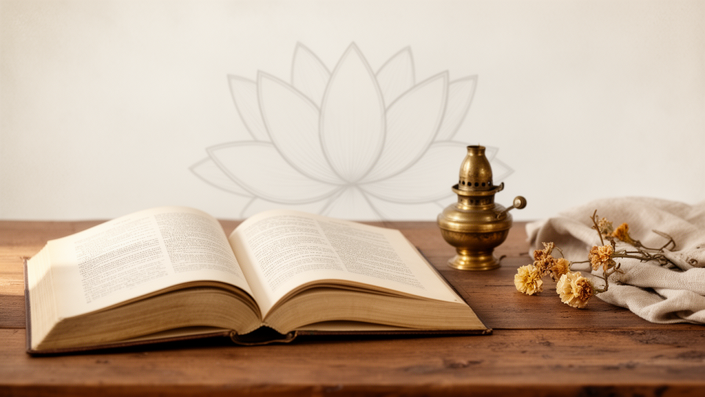 Illustration of an open book beside a small brass oil lamp and dried flowers on a wooden table, suggesting quiet study.