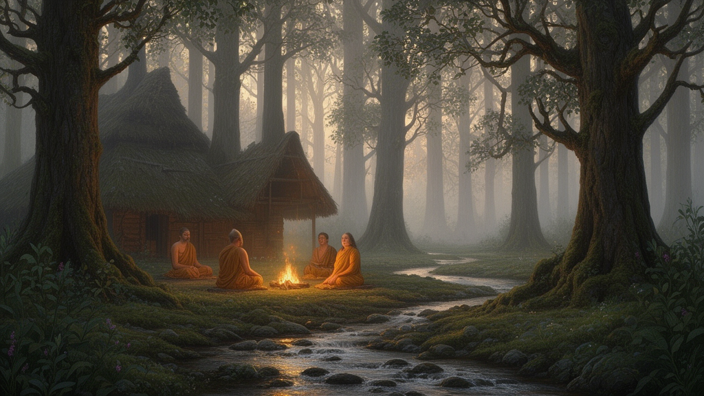 Sages in ochre robes sit beside a small fire at dawn in a misty forest hermitage, illustrating the forest setting traditionally associated with Upanishad teaching.