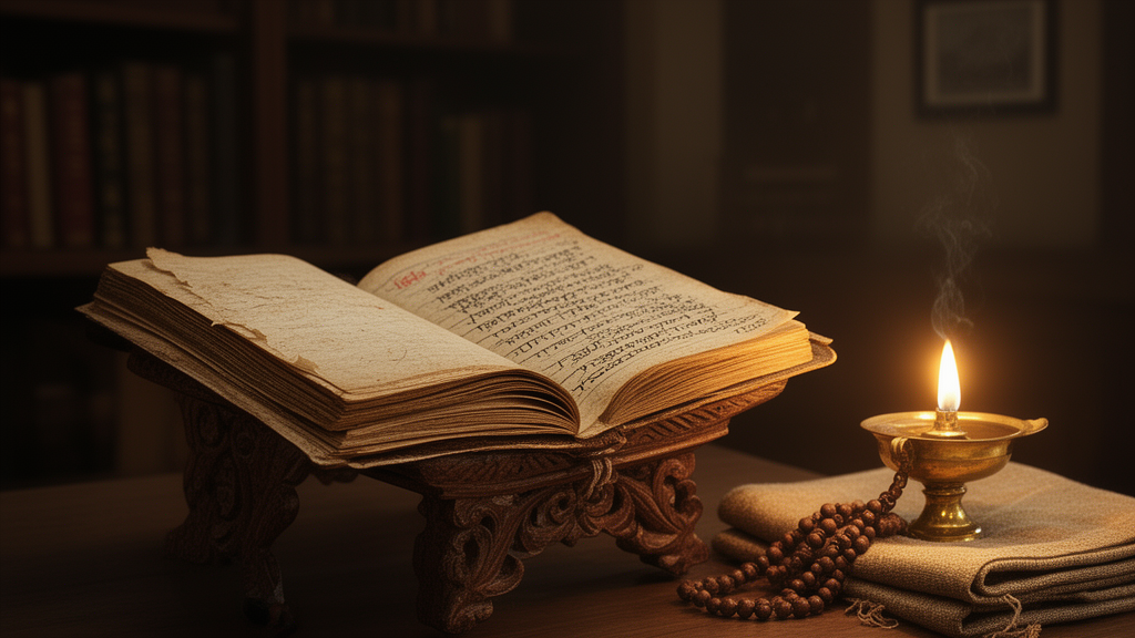 An open manuscript on a wooden stand beside a brass lamp and prayer beads, representing the careful study of Upanishad texts.