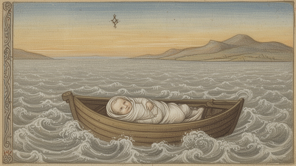 A small wooden boat drifts on grey water at dawn, carrying a wrapped infant, in a muted medieval-style illustration for an article about The Holy Sinner.
