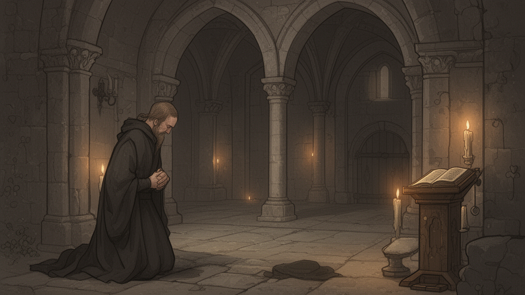 A robed figure kneels in quiet penance in a stone medieval cloister lit by candlelight, illustrating the theme of penance in Thomas Mann's The Holy Sinner.