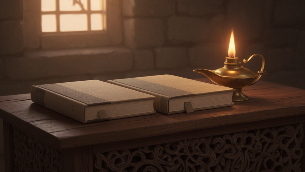 Three closed, plainly bound sacred books on a wooden table beside a lit brass oil lamp, suggesting quiet study of scripture.