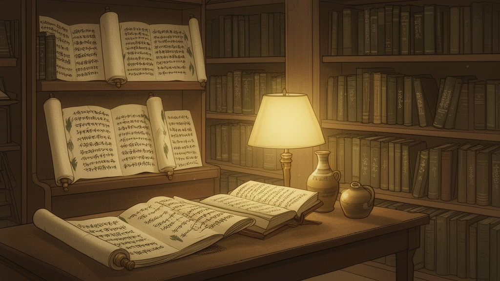 A quiet reading room with open scrolls, manuscripts and bound books on shelves and a desk, lit by a warm lamp.