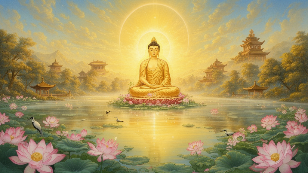Painted scene of a calm lotus pond beneath a golden sky, with a seated Buddha figure and distant pavilions representing the Pure Land of Amitabha in Pure Land Buddhism.