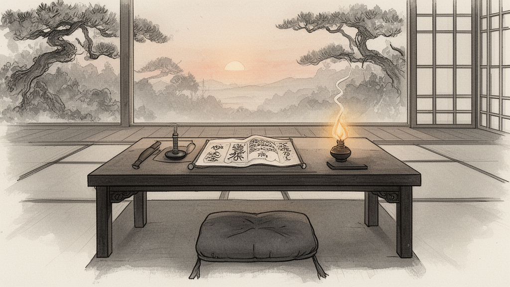 A quiet Zen meditation hall at dawn with an open scroll on a wooden desk, a single lamp, and a cushion, suggesting the study of Buddhist sutras.
