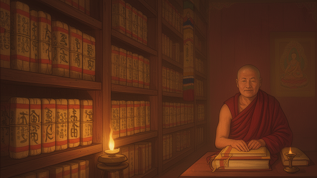 Stacked, cloth-wrapped volumes resembling Tibetan Buddhist scriptures on wooden shelves in a monastery library, lit by warm lamplight.