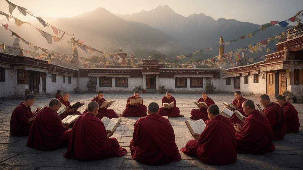 Monks in maroon robes reading from open manuscript pages in a mountain monastery courtyard at dawn, with prayer flags in the background.