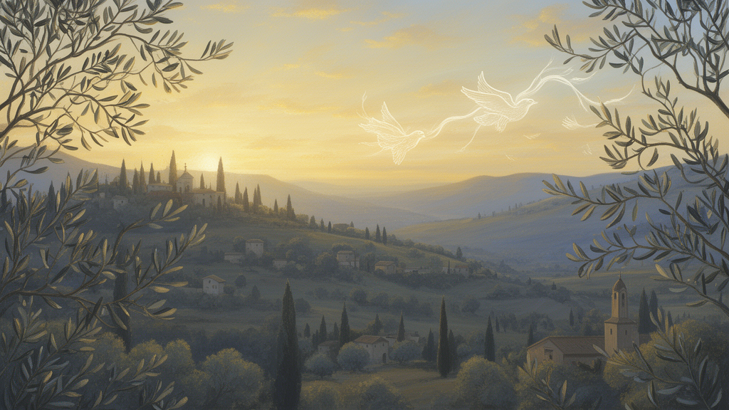 Soft golden dawn light over a quiet hillside with olive branches moving in a gentle wind, suggesting the breath or wind imagery linked to the Holy Spirit in Christian teaching.