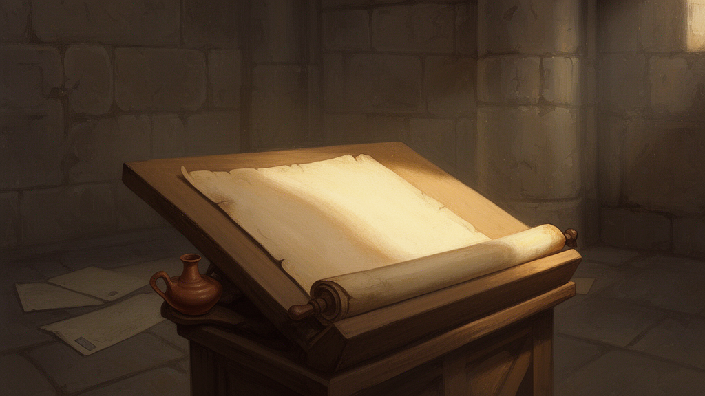 An open scroll on a wooden lectern in a stone reading room, lit by a small oil lamp, representing the careful study of Scripture titles.