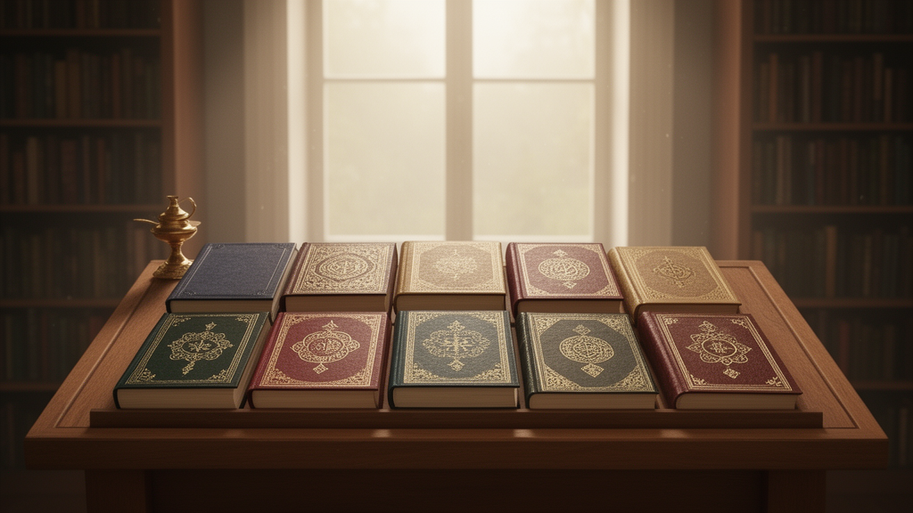Ten closed sacred books of varied bindings arranged on a wooden lectern beside a small brass oil lamp in a quiet library.