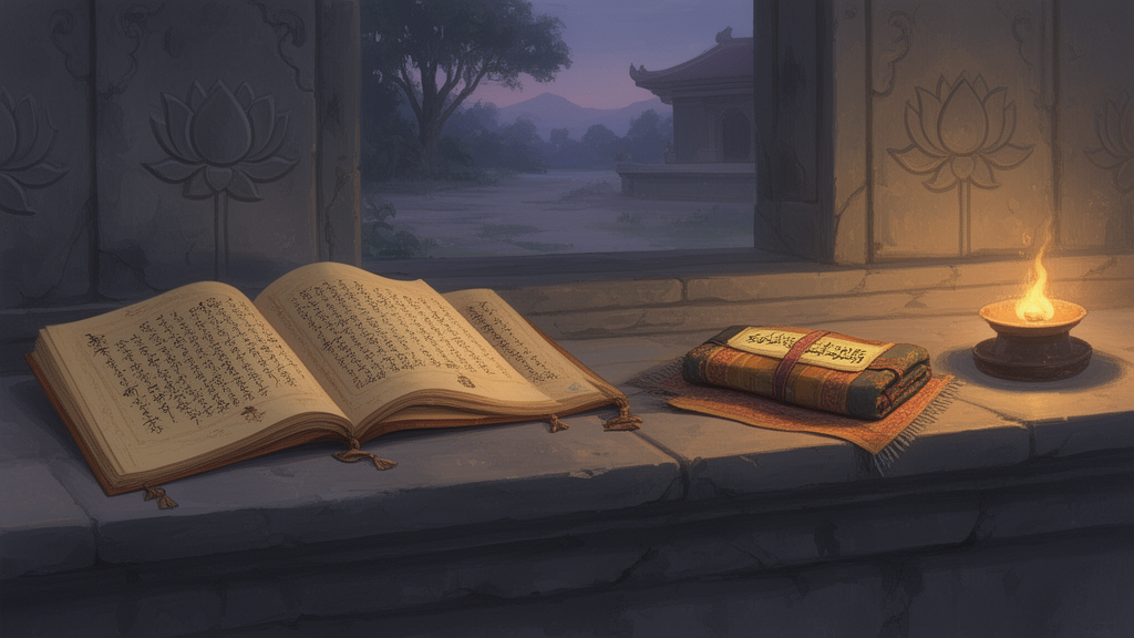An open palm-leaf manuscript and a cloth-wrapped scripture resting on a stone shelf in a dusk-lit temple courtyard.