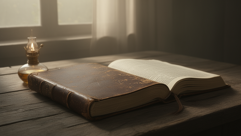 An open worn Bible and a lit oil lamp on a wooden table in soft morning light, suggesting quiet prayer and reading.