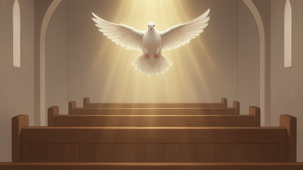 A white dove in golden light above an empty wooden pew in a plain church interior, symbolizing the Holy Spirit.