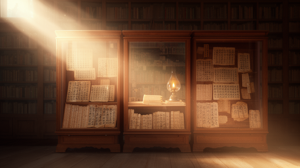 Illustration of a quiet monastery library with three wooden manuscript cases and an open scripture under soft morning light, suggesting the three-basket structure of the Tripitaka.