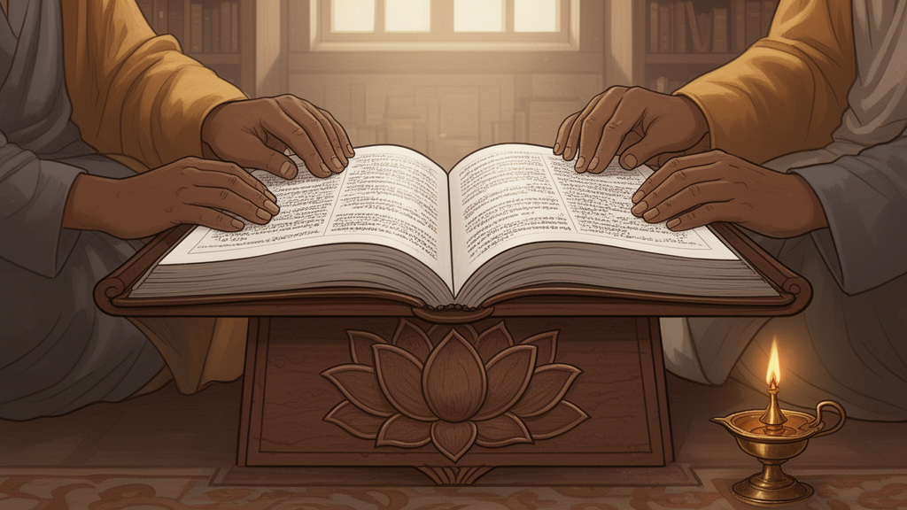 Illustration of an open scripture on a carved wooden stand beside a brass oil lamp, representing the study of Buddhist canonical texts.