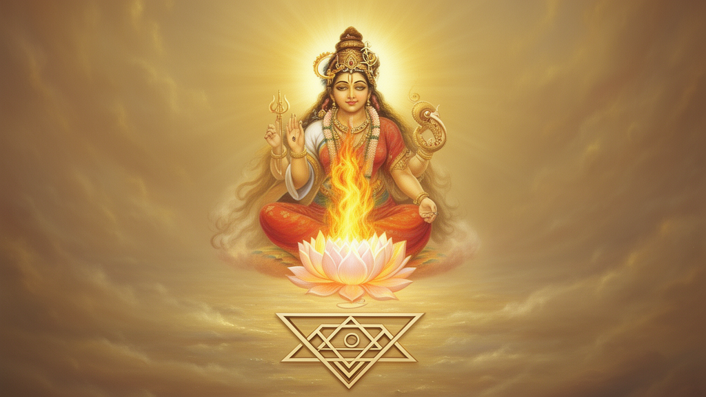 Devotional illustration of the goddess Tripura seated in radiant light beside symbols of Shiva and Shakti and a sacred yantra, representing the Shakta teaching of cosmic union.