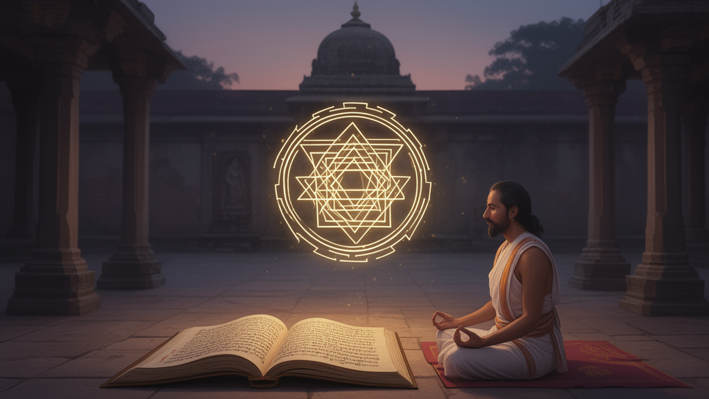 Illustration of an open palm-leaf manuscript beside a meditating practitioner and a glowing sri yantra in a quiet temple courtyard, representing the study and contemplation of Upanishadic texts.