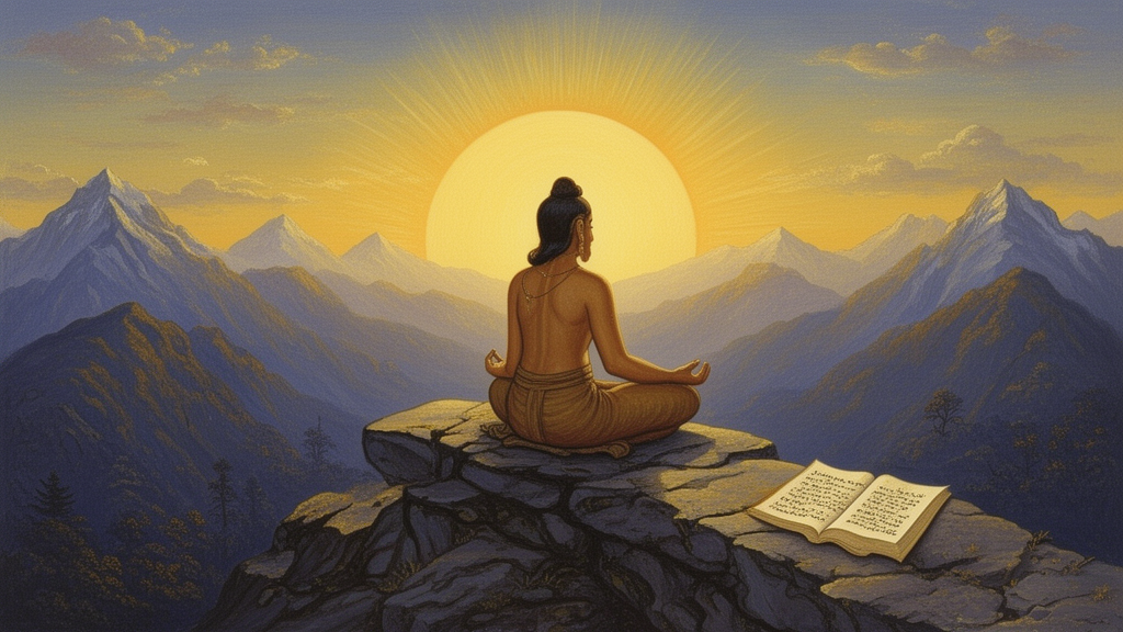 A seated yogi meditates at dawn on a mountain ridge beneath a rising sun, with an open palm-leaf manuscript on a stone ledge beside them.
