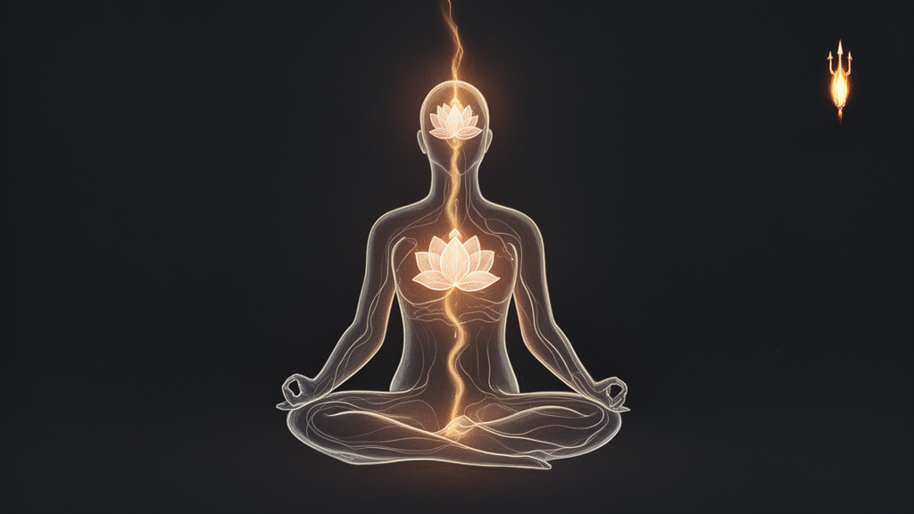A stylized figure in meditation shows glowing lotus-like centres at the heart and crown, with faint channels of light along the spine, symbolising subtle-body teachings.