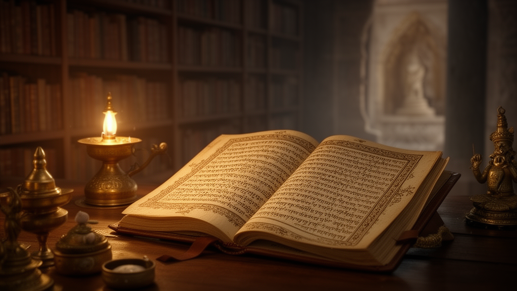 An open palm-leaf manuscript resting in a quiet temple library beside a brass lamp, lit by warm light.
