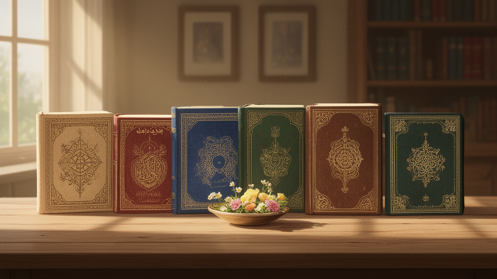 Several sacred books with different bindings arranged on a wooden table in a sunlit study, representing diverse religious traditions.