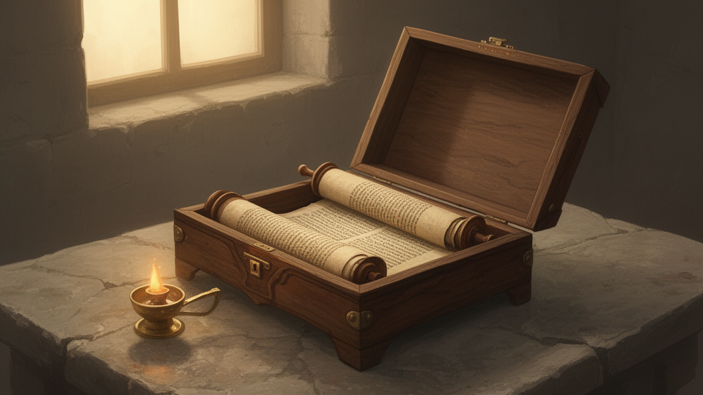 An open Torah scroll in a wooden case beside a brass oil lamp, illustrating the written scripture discussed in the article.