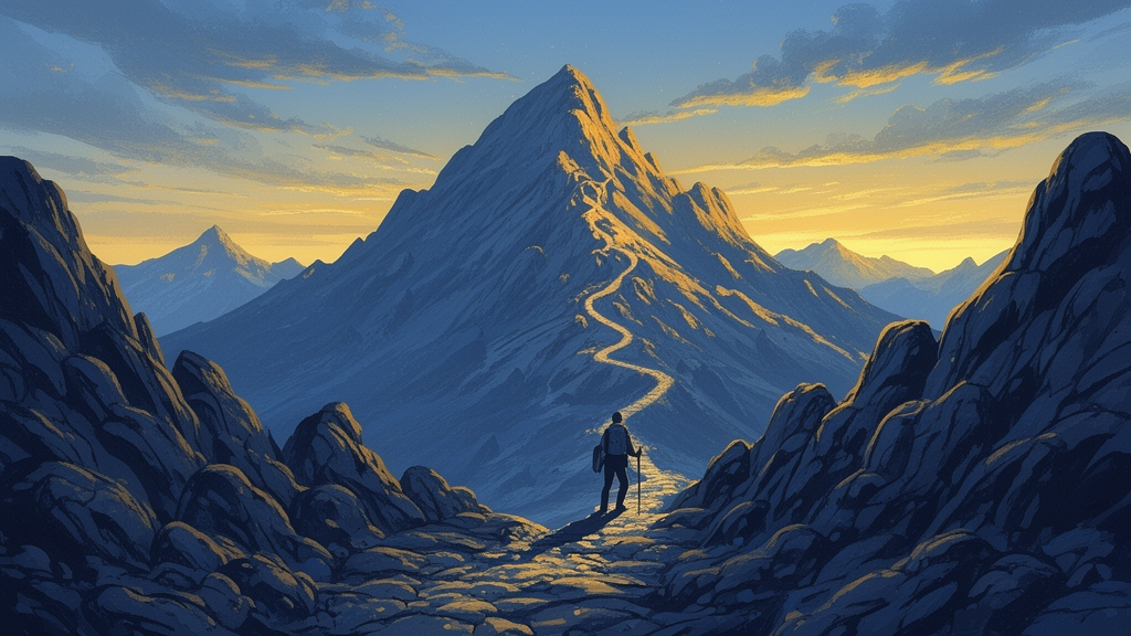 A silhouetted figure climbing a rocky mountain path at dawn, evoking the traditional account of Musa on Mount Sinai.