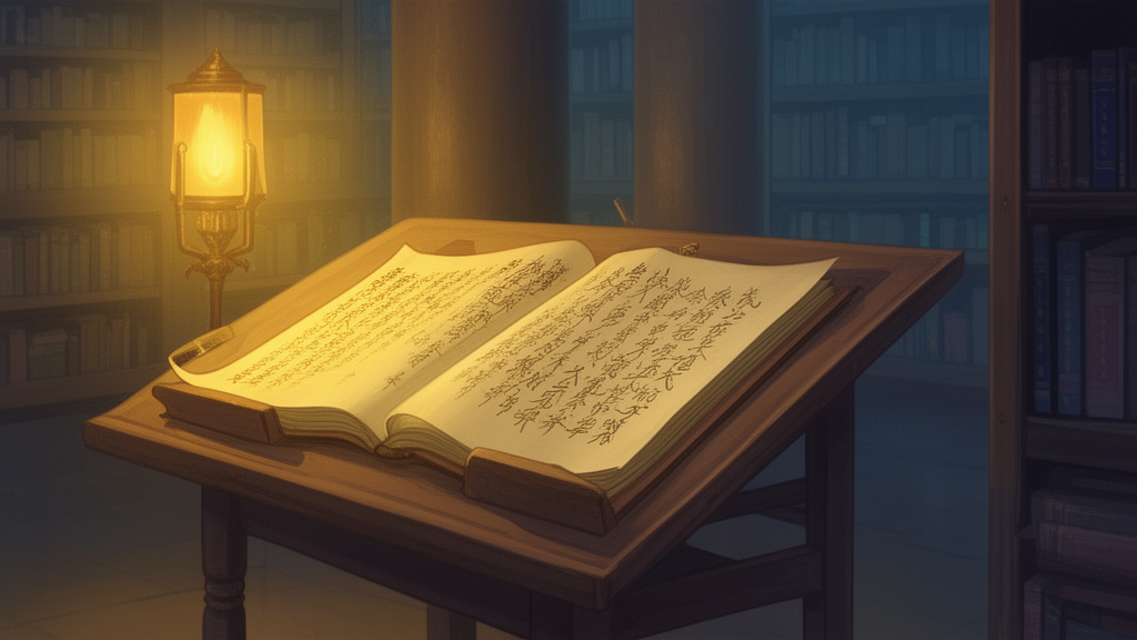 Two open manuscripts on a wooden lectern in a quiet library lit by a warm oil lamp, illustrating the idea of scripture study.