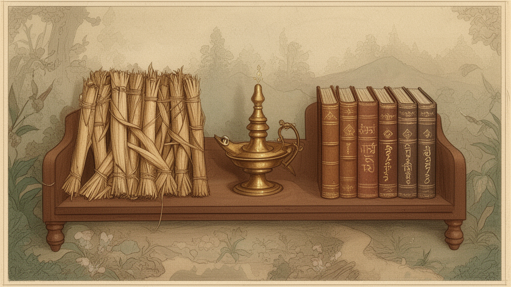 A wooden shelf with two sections of scripture, bundled palm-leaf scrolls on one side and bound books on the other, beside a brass lamp.