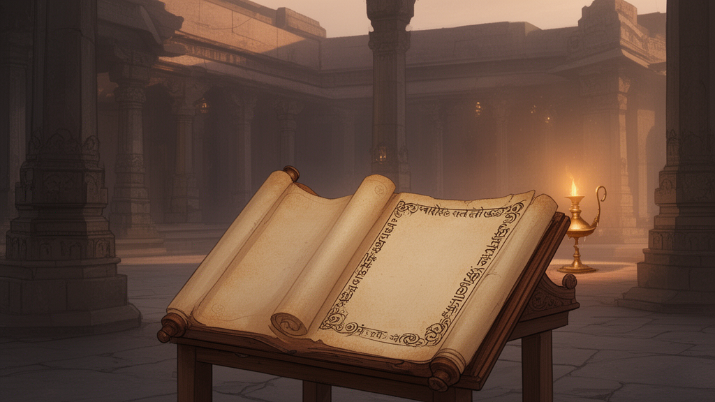 Two open scriptural manuscripts on a wooden lectern in a temple courtyard at dawn, with warm lamplight.