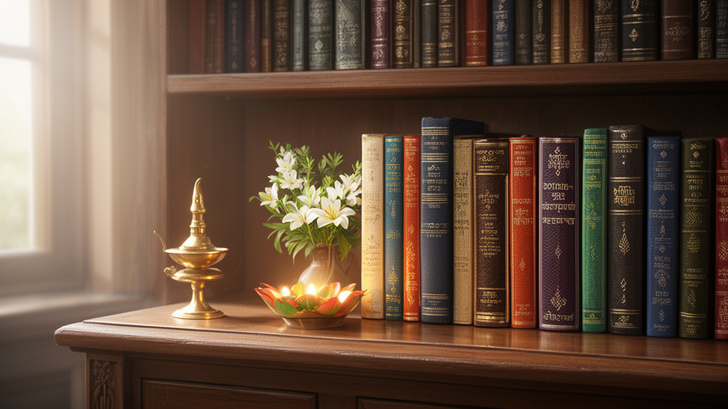 A study room bookshelf with several scripture volumes in different bindings beside a brass oil lamp and flowers.
