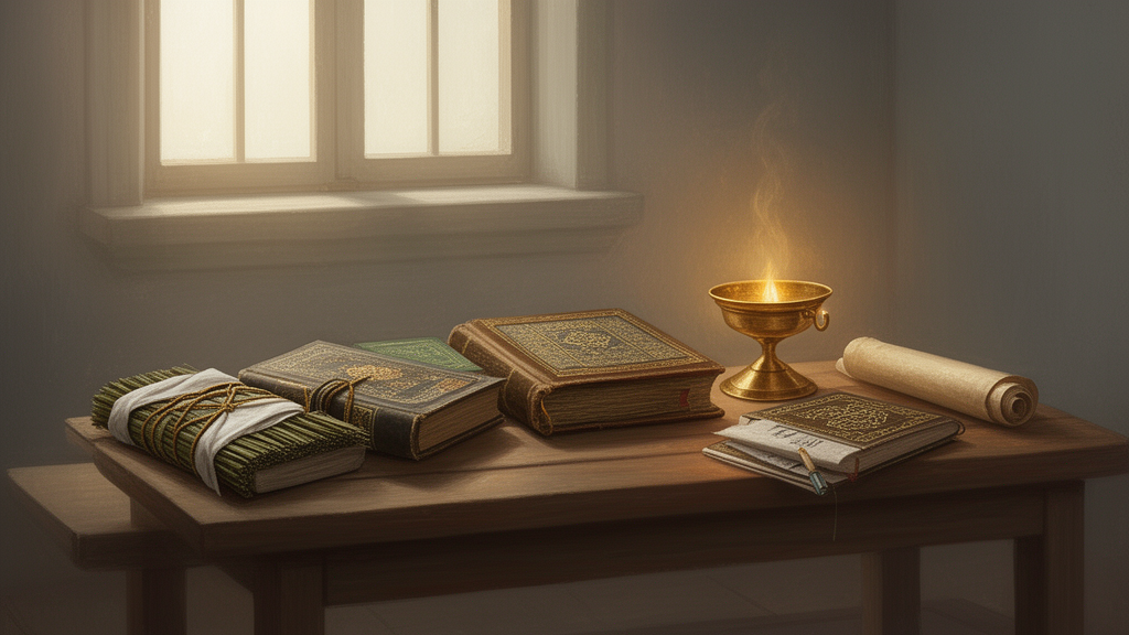 Closed sacred books from several traditions, including a bundled palm-leaf manuscript, a bound codex, and a rolled scroll, arranged on a wooden table beside a lit brass oil lamp.