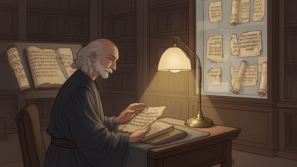 A scholar in a quiet museum reading room examining an old manuscript under soft lamplight, with display cases of ancient fragments in the background.