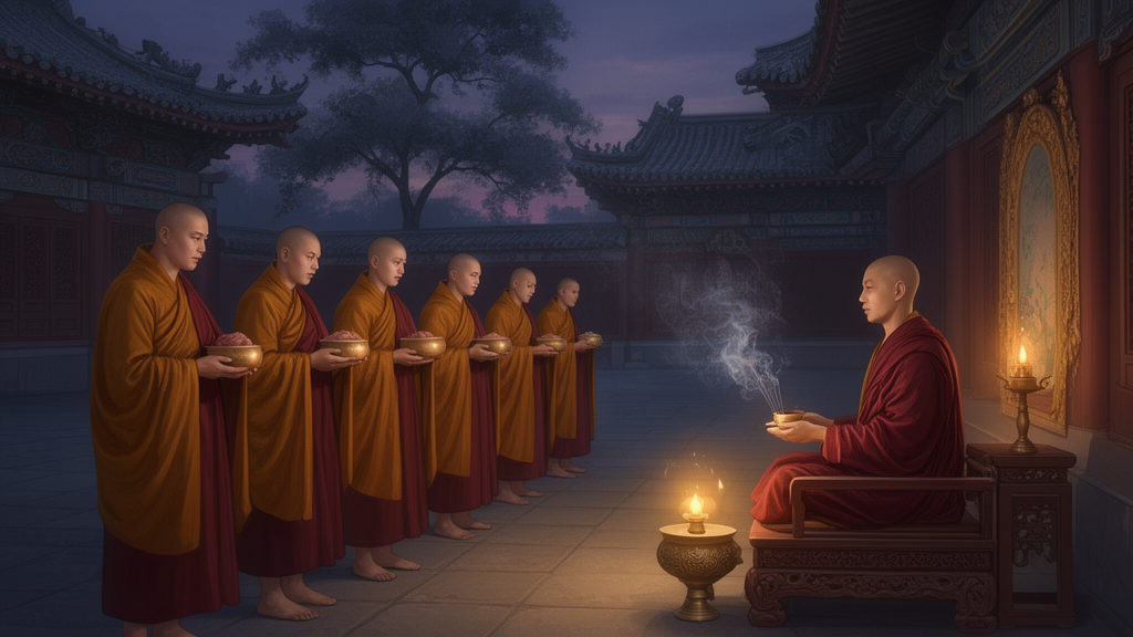 Monks in saffron and maroon robes offering food bowls to a seated Buddhist teacher in a temple courtyard at dusk.