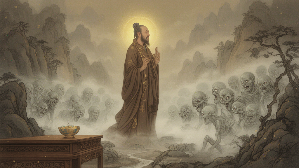 A disciple with a halo of light looks toward a misty realm while an offering bowl rests on a wooden altar in the foreground.