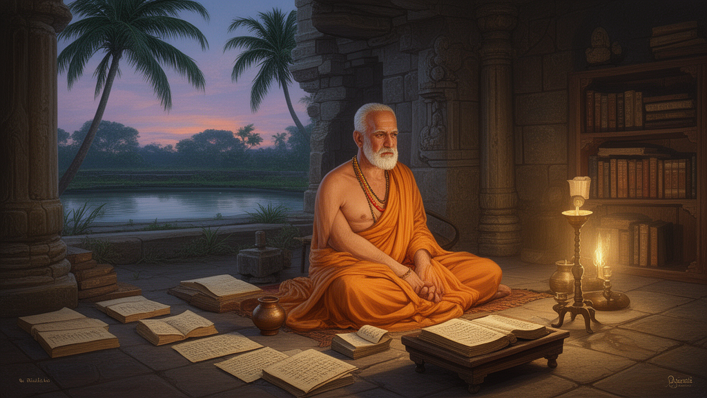 A sannyasin scholar in saffron cloth sits in a dim study hall beside a stone tank, with manuscripts and a water pot nearby, depicting a traditional Advaita teacher at dusk.