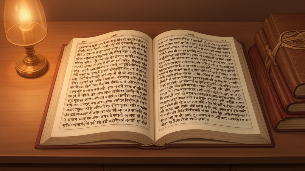 An open manuscript on a wooden desk shows two columns of Sanskrit-style script, one for the root Upanishad and one for the commentary, beside a lamp and stacked books.