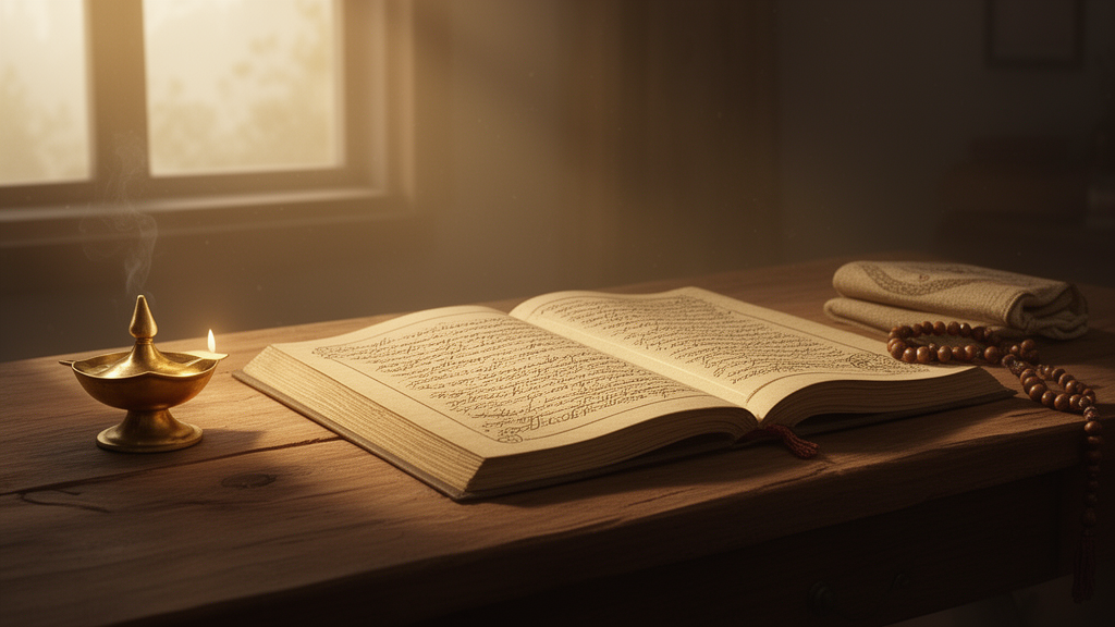 An open traditional manuscript, a brass oil lamp and a rosary arranged on a wooden study table in warm morning light.