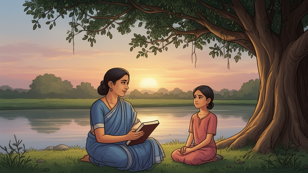 A teacher and a young student sit together under a banyan tree by a river at dawn, with the teacher holding a closed book.