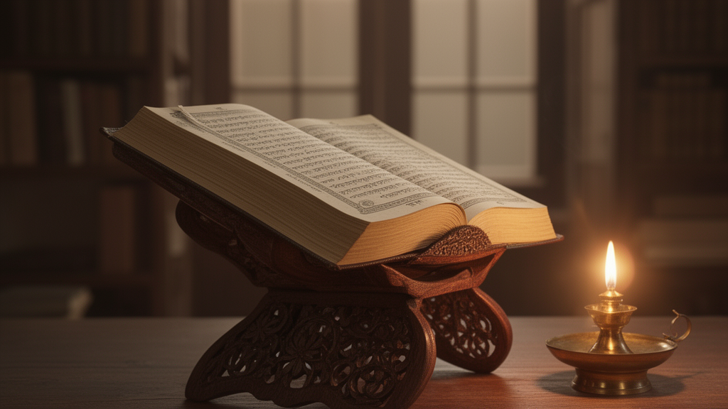 An open hardbound Bengali scripture book on a wooden stand beside a lit brass oil lamp in a quiet study room.