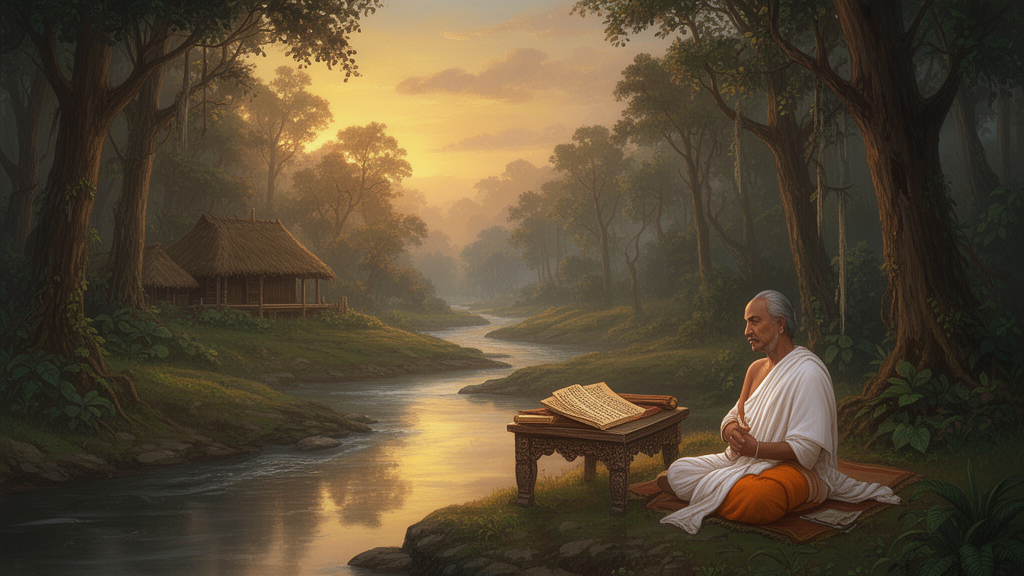 A seated teacher in simple saffron and white robes reads by a river at dawn in a forest hermitage, with palm-leaf style pages on a wooden table.