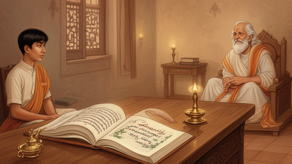 Students sit in a quiet room with an open manuscript and a brass lamp while a teacher speaks, illustrating an Upanishad study session.