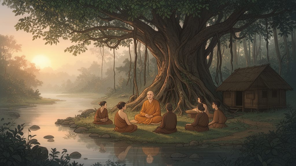 A teacher and students sit beneath a banyan tree by a river at dawn, depicting a traditional setting for Upanishad study.
