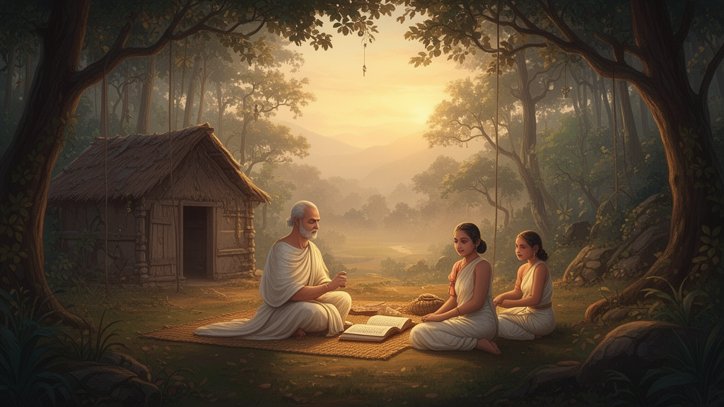 a teacher and two students seated outdoors at dawn beside an open palm-leaf manuscript, representing traditional study of the Upanishads.