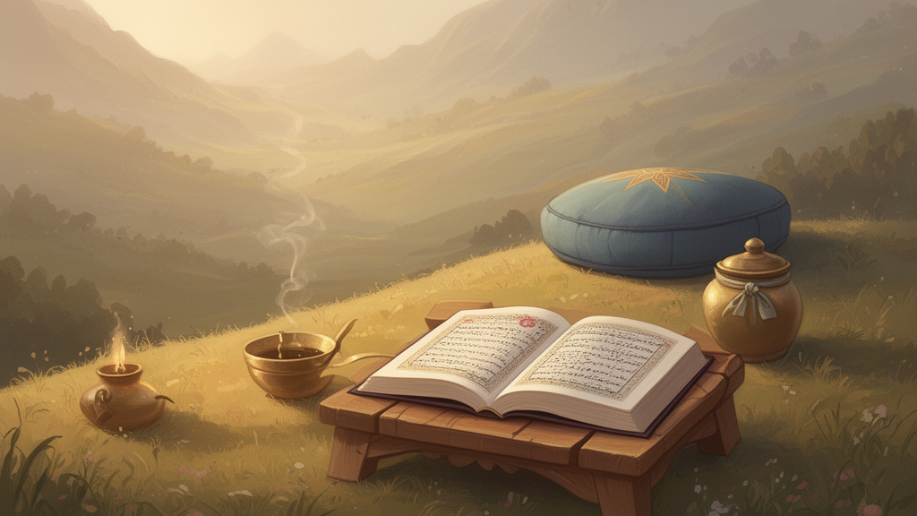 Illustration of an open book on a wooden stand with a brass lamp and meditation cushion, suggesting quiet reflection on Upanishadic texts.
