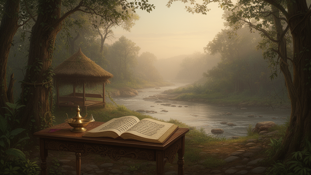 an open manuscript and brass oil lamp on a wooden table in a quiet forest hermitage at dawn, with a river in the distance.