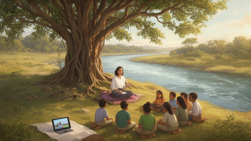 Illustration of a seated teacher with students gathered under a banyan tree beside a river, with a small device on a cloth in the foreground.