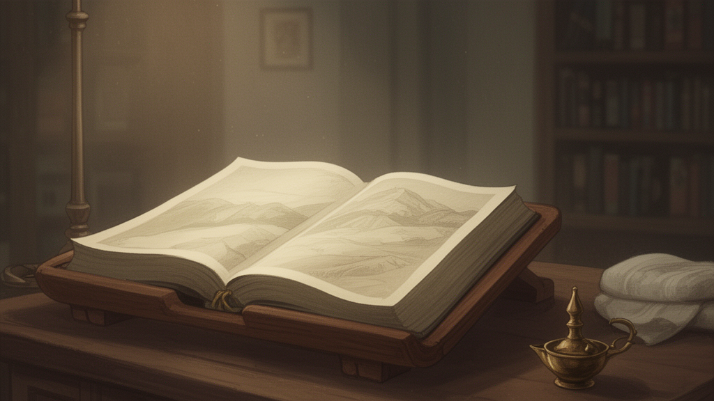 An open traditional manuscript on a wooden reading stand beside a small brass oil lamp in a quiet study room, illustrating the act of reading Upanishad texts.