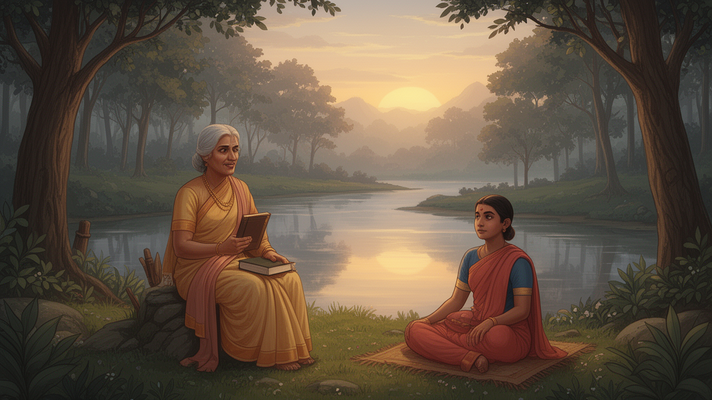A teacher and a seated student in a calm forest setting at dawn, illustrating the traditional teacher-student setting associated with the Upanishads.