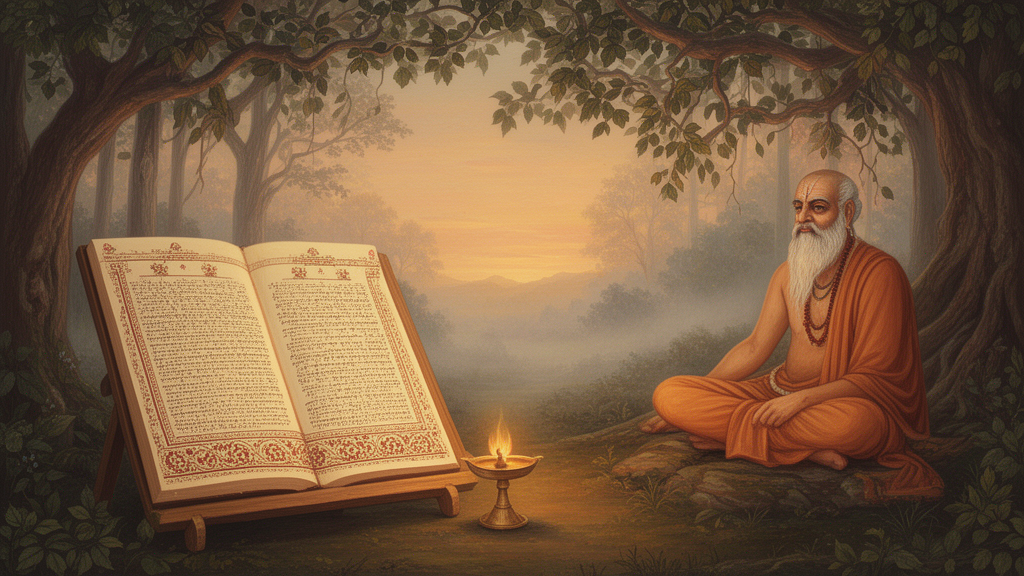 Open palm-leaf manuscript with decorative borders beside a lit brass oil lamp, with a sage in a forest hermitage at dawn in the background.